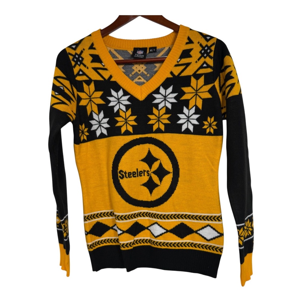 NFL Team Apparel Pittsburgh Steelers Womens Small Yellow Black Holiday Sweater